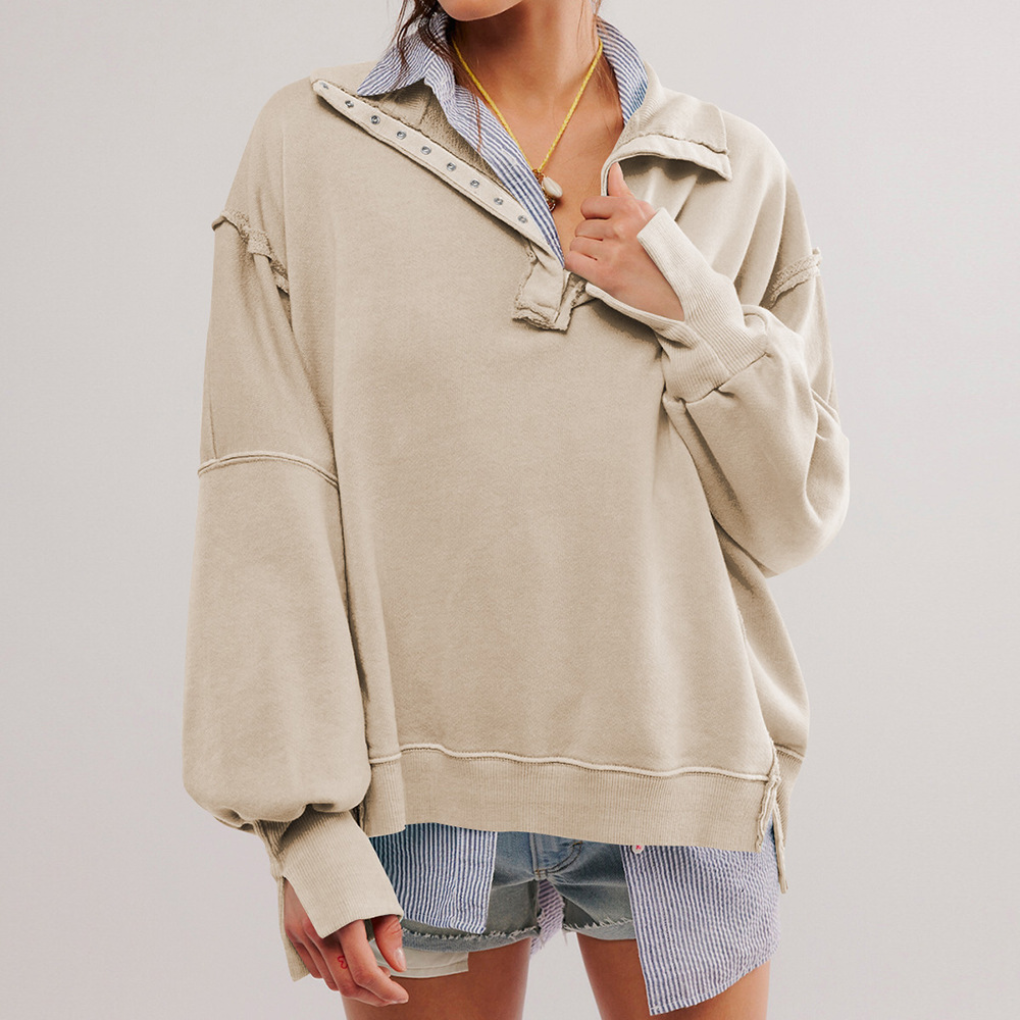 Effortless women's oversized henley pullover, offering a relaxed fit & ultimate comfort for casual fashion.