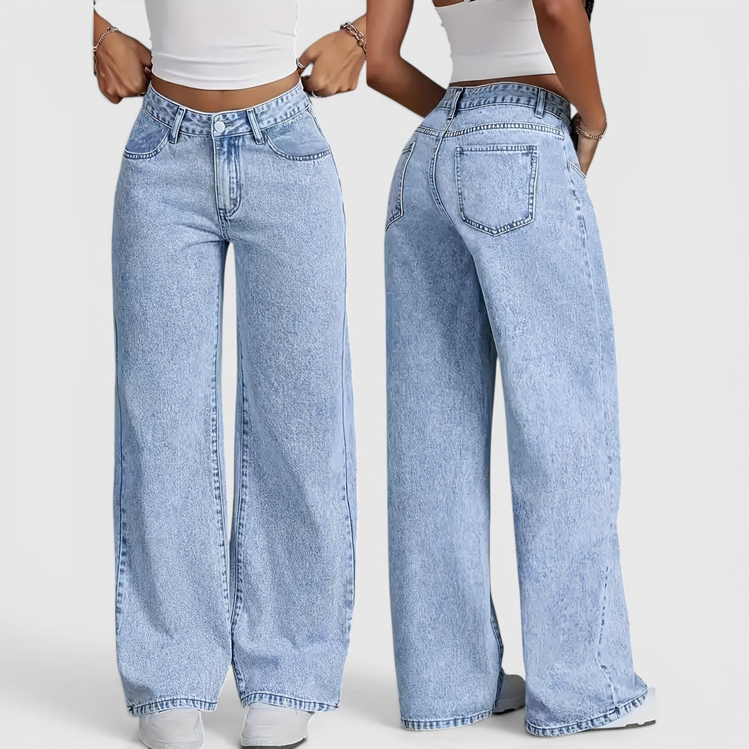 Women's light blue high waist denim pants, oversized and wide leg, ideal for casual and work fashion.