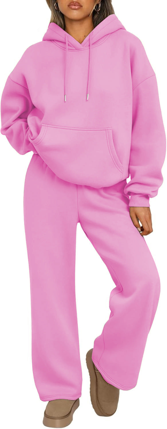 Relaxed fit women's hoodie with dropped shoulders and comfortable jogger pants.