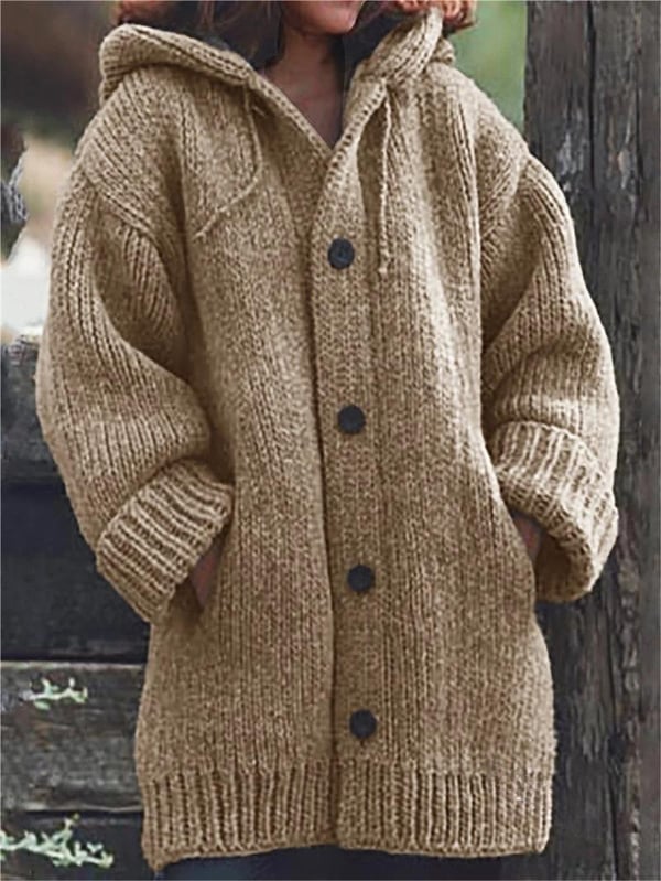 Casual women's oversized hooded knit cardigan. Comfortable long-sleeve sweater, great for everyday fall layering.