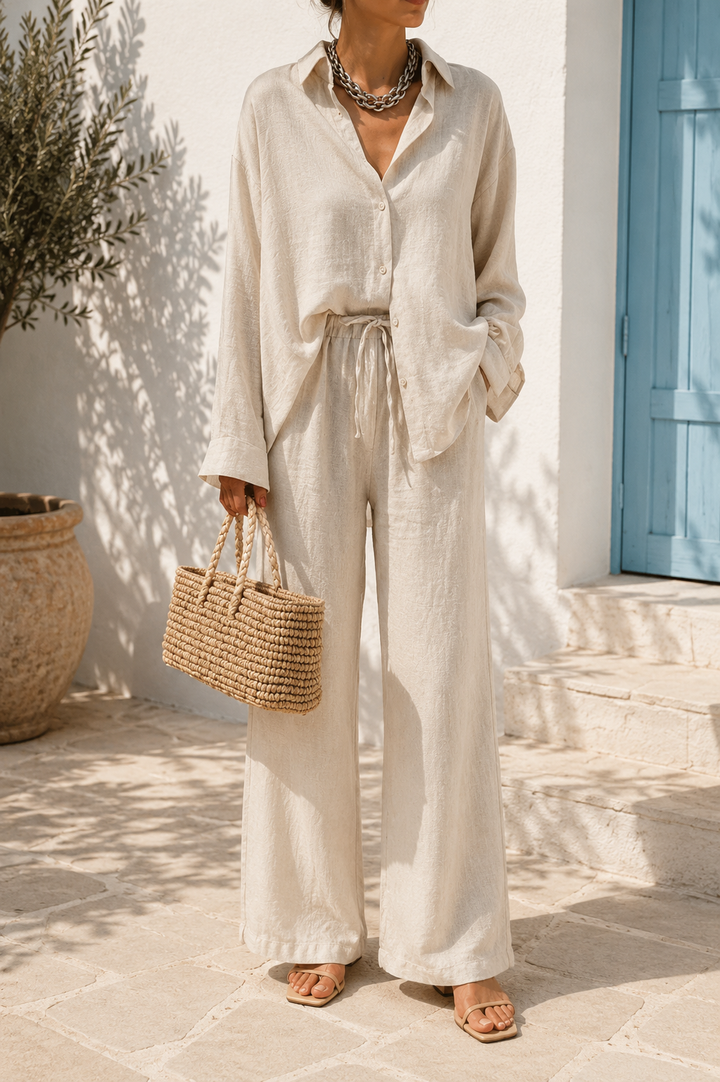 Women's oversized linen two-piece set, perfect for casual summer wear. Features wide-leg pants and a comfortable top.