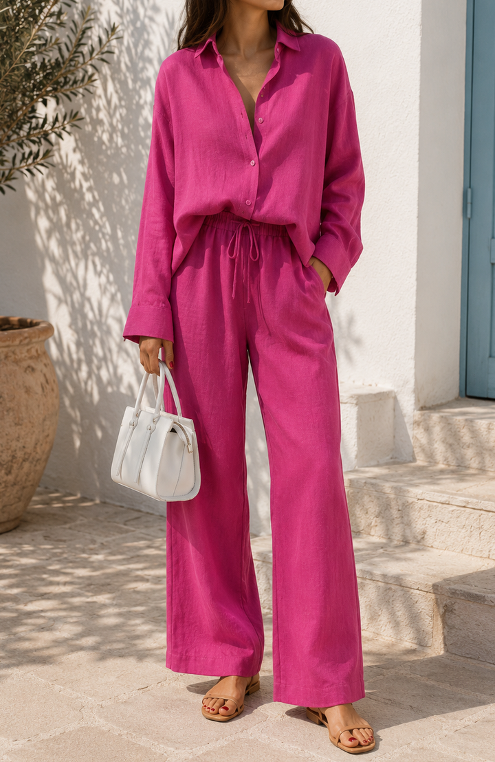 Stylish women's linen two-piece outfit with an oversized fit. Ideal for comfortable summer fashion and casual wear.