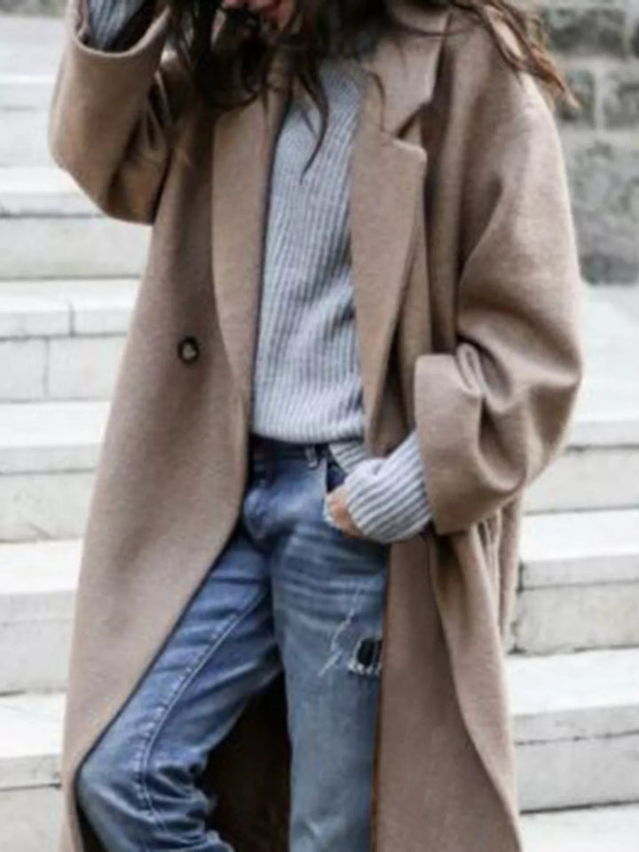 Khaki women's oversized long winter coat, a stylish single-breasted outerwear piece.