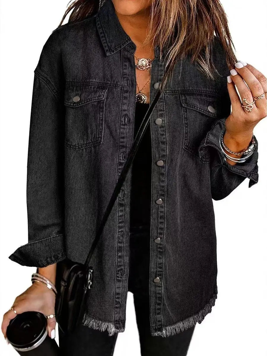 Women's oversized longline jacket with raw hem and snap buttons. Casual, stylish outerwear.