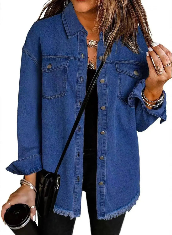 Fashionable women's oversized longline jacket with raw hem detail & snap buttons. Perfect for layering.