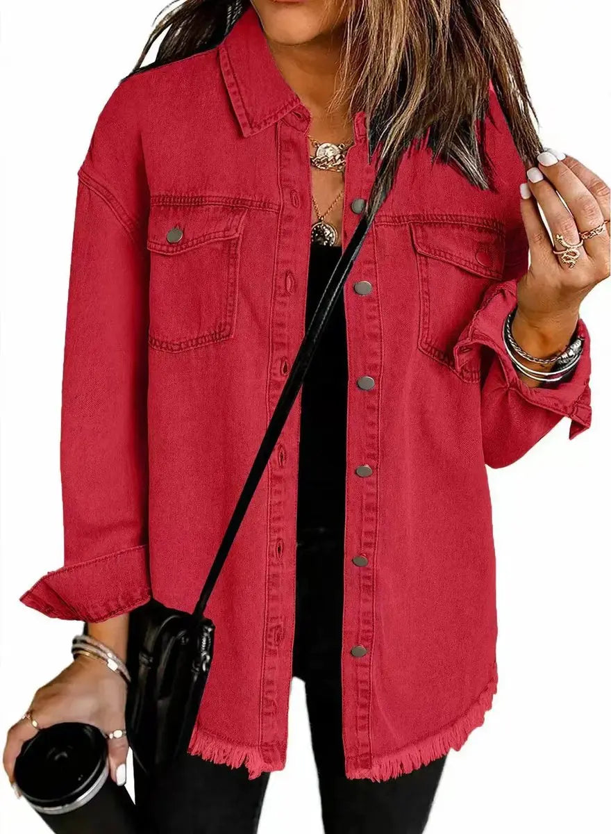 Women's oversized longline jacket with raw hem and snap buttons. Essential casual & versatile fashion.