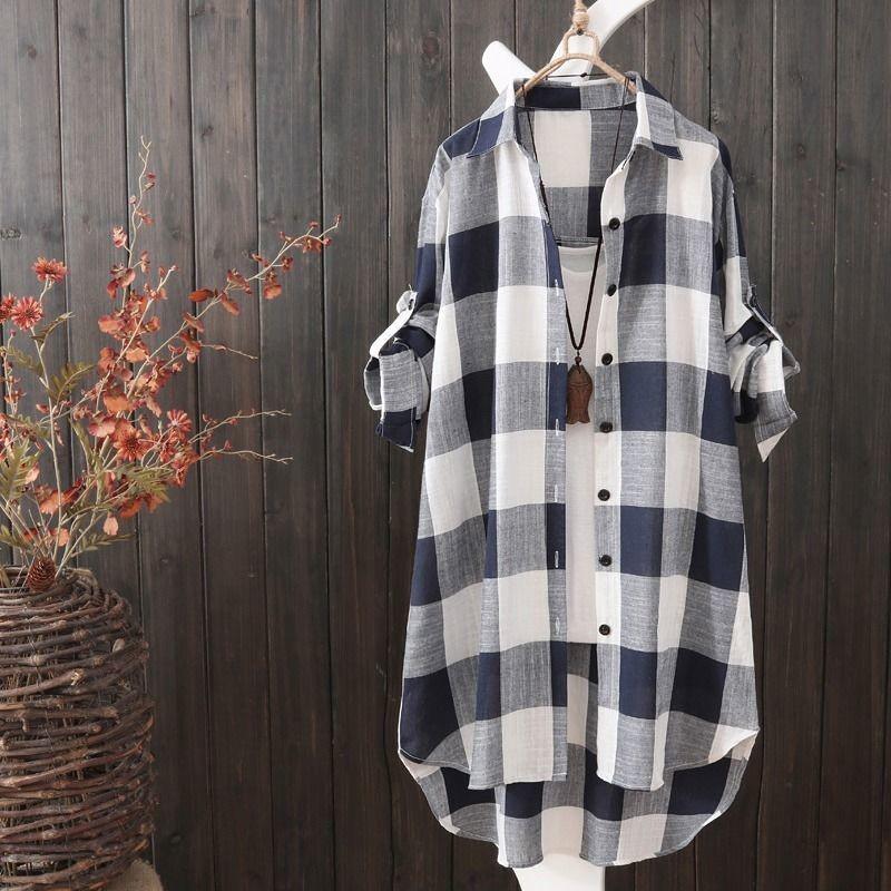 Trendy women's plaid oversized button-up shirt, a comfortable longline top for casual fashion.