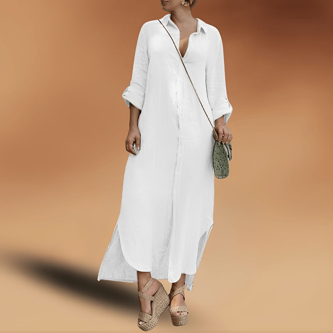 Women's oversized maxi shirt dress, light fabric, relaxed fit, perfect for casual summer days or beachwear.