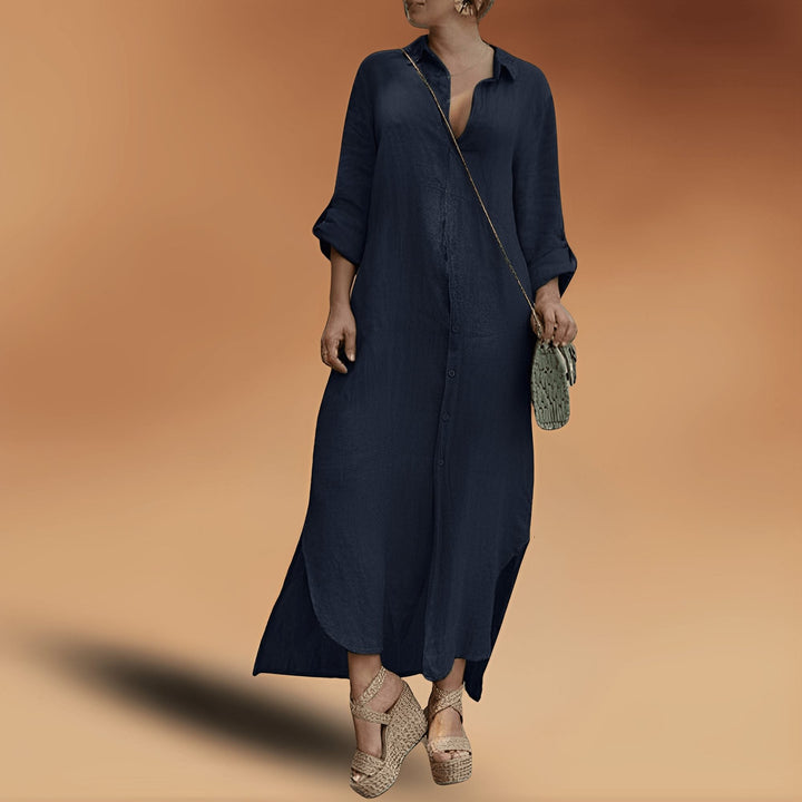 Button-down oversized maxi shirt dress for women. Effortlessly stylish, ideal for beach, travel, or casual wear.