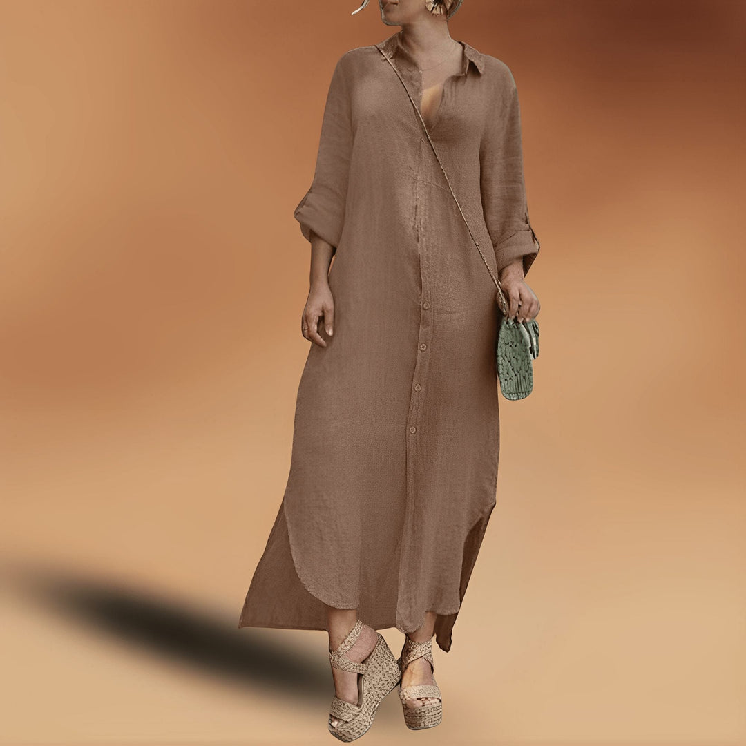 Relaxed fit women's long oversized shirt dress. Comfortable and versatile, great for summer fashion and travel.
