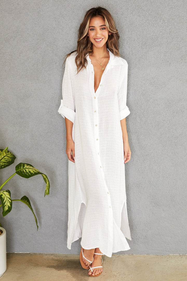 Women's oversized maxi shirt dress with rolled sleeves, perfect for summer