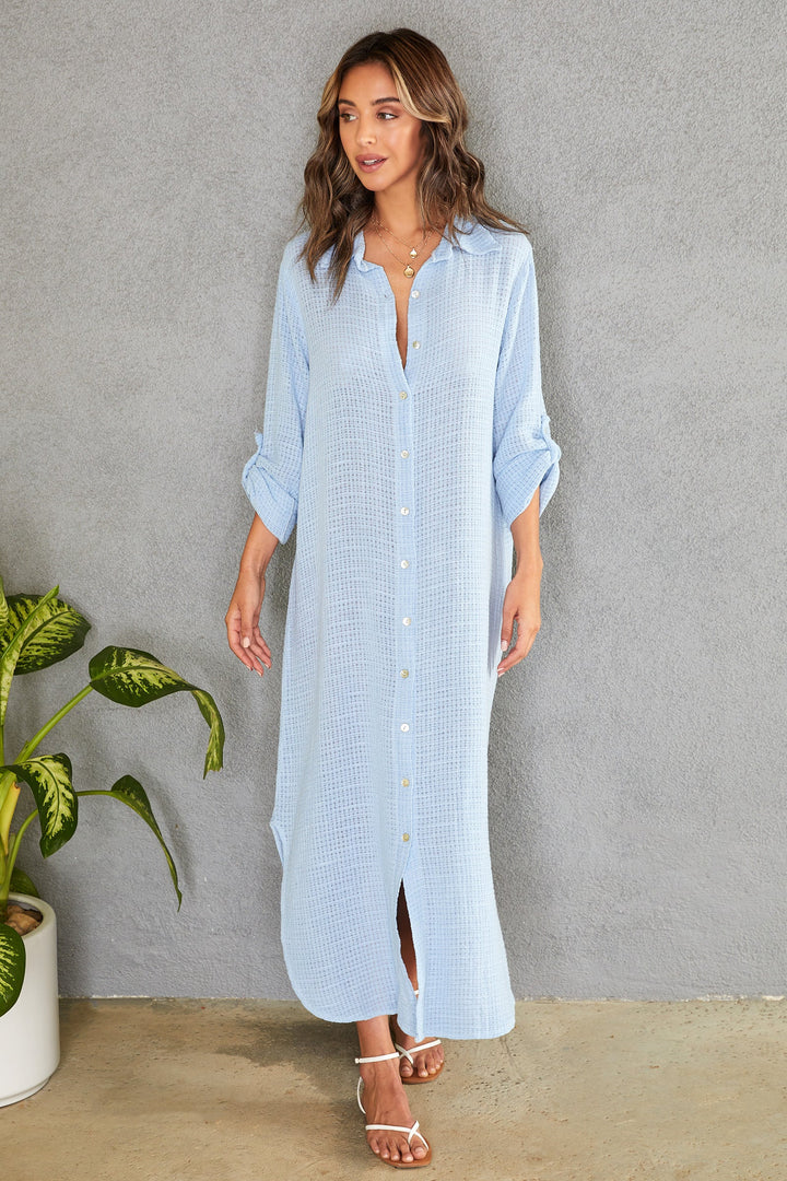 The perfect beach cover-up: an oversized maxi shirt dress
