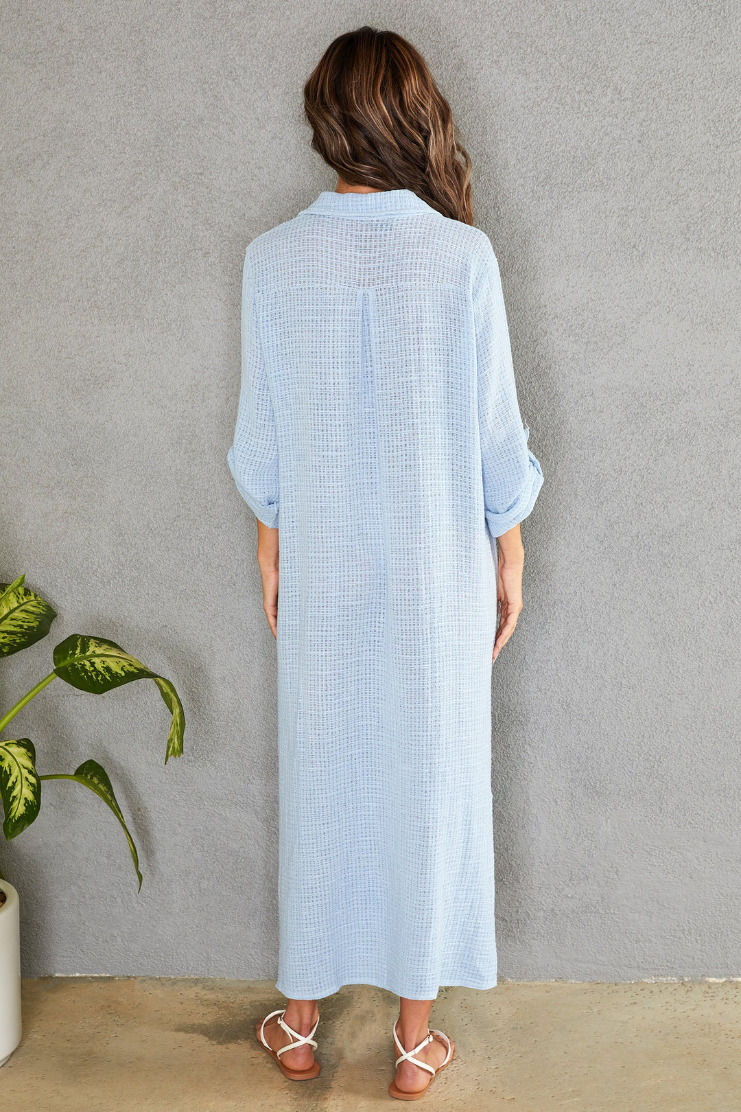 Versatile styling options for this oversized button-down maxi dress