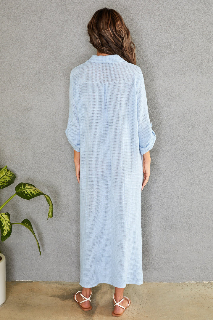 Versatile styling options for this oversized button-down maxi dress