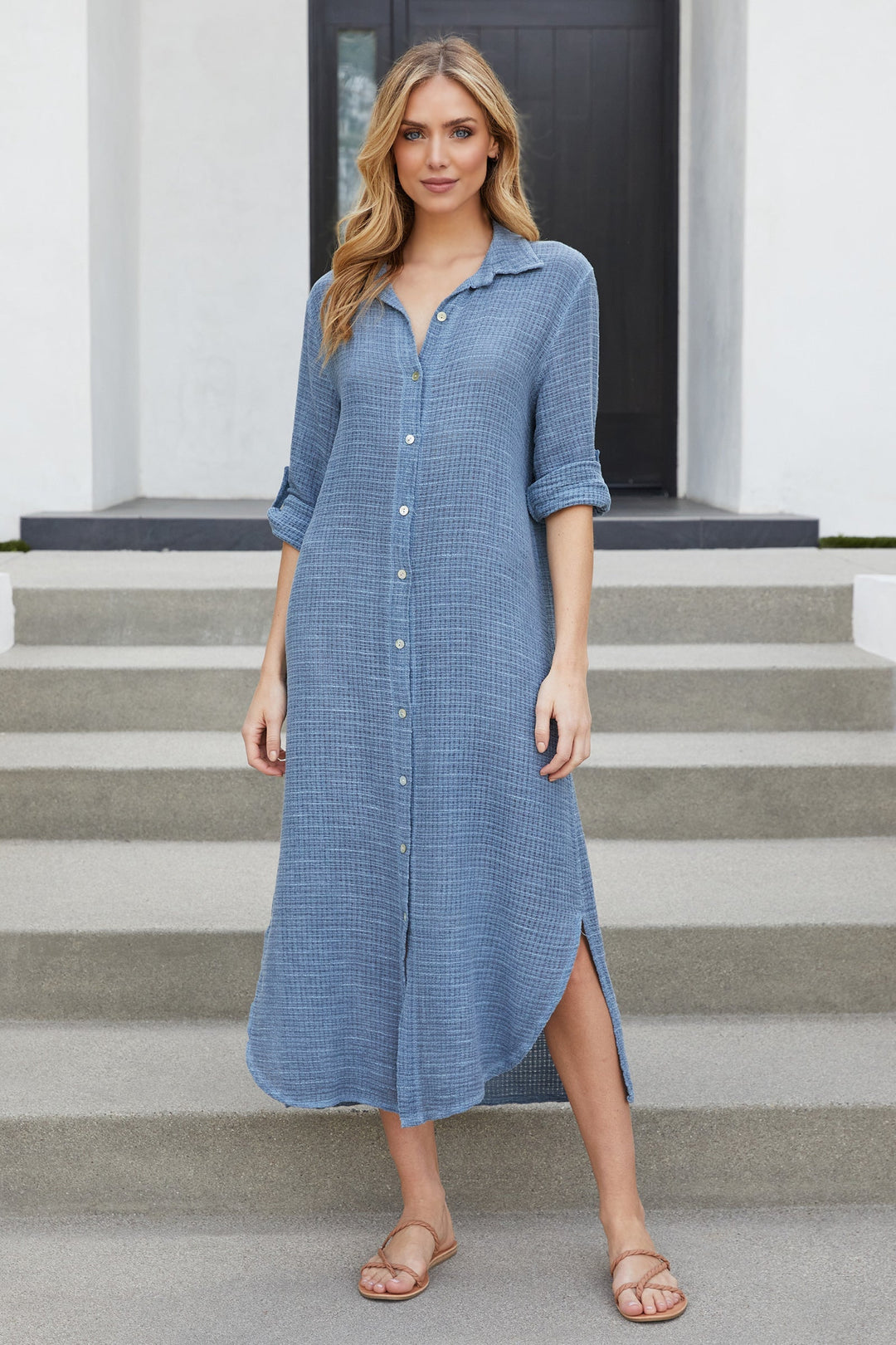 Oversized maxi shirt dress featuring a classic button-down design