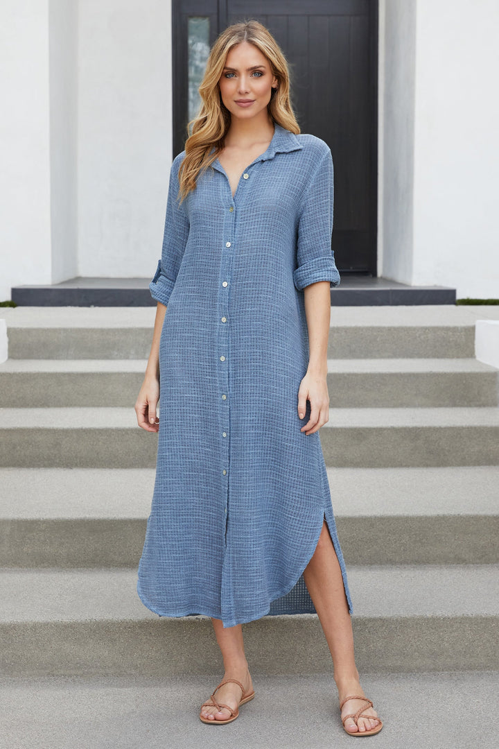 Oversized maxi shirt dress featuring a classic button-down design