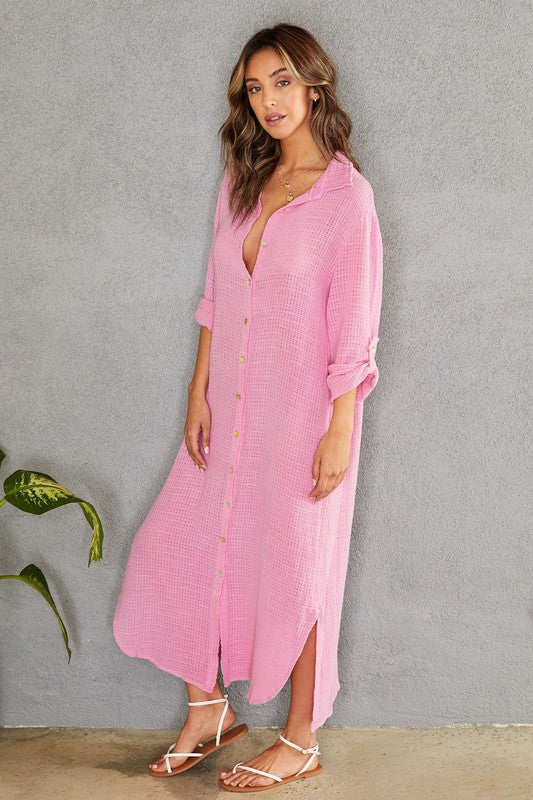 The ultimate versatile dress: oversized maxi shirt dress with rolled sleeves