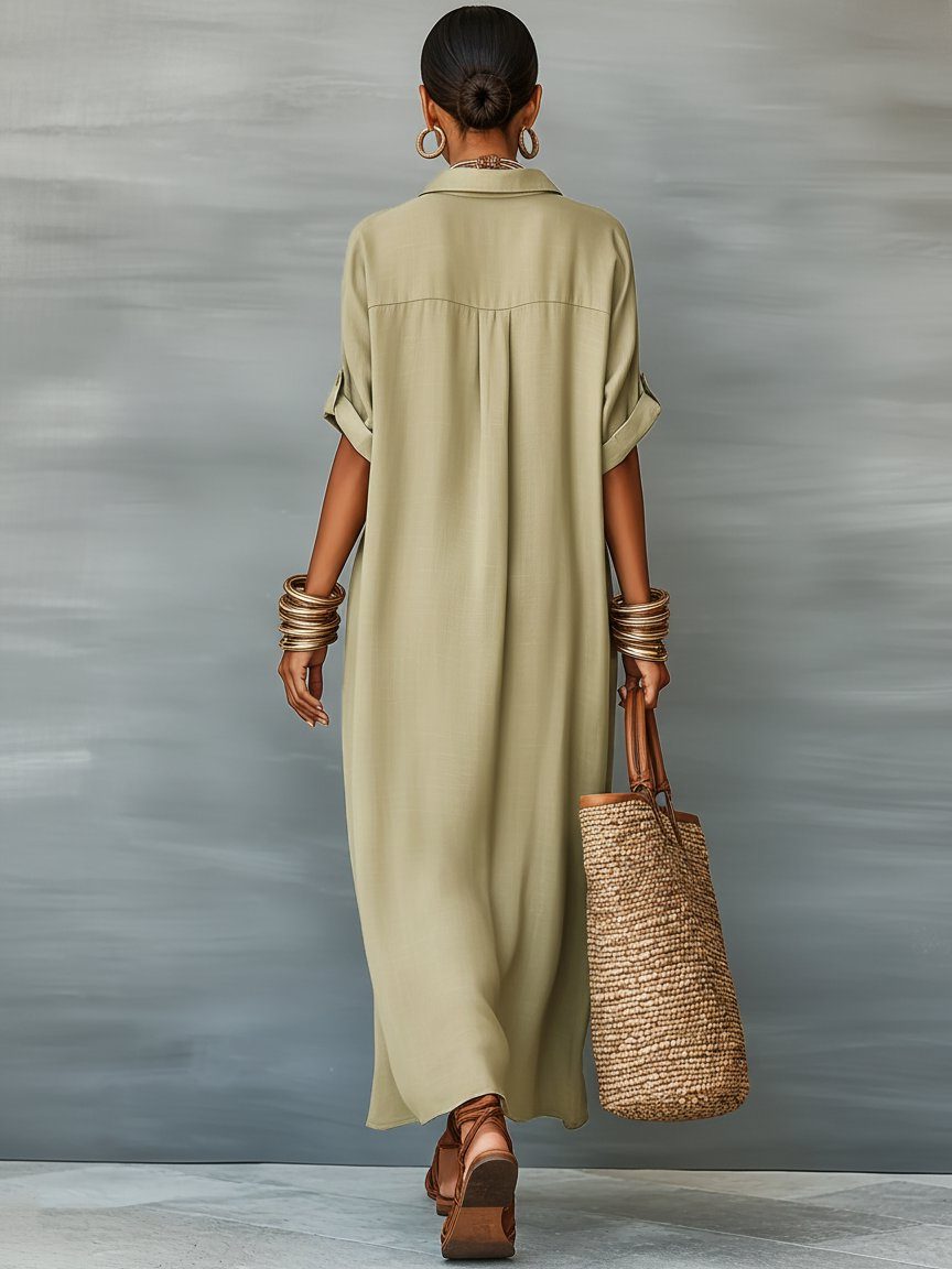 Comfortable women's oversized short sleeve maxi shirt dress, ideal for casual and everyday style.