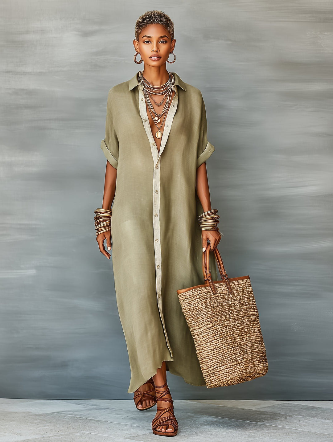 Women's casual button-front oversized maxi shirt dress with short sleeves, a perfect travel dress.