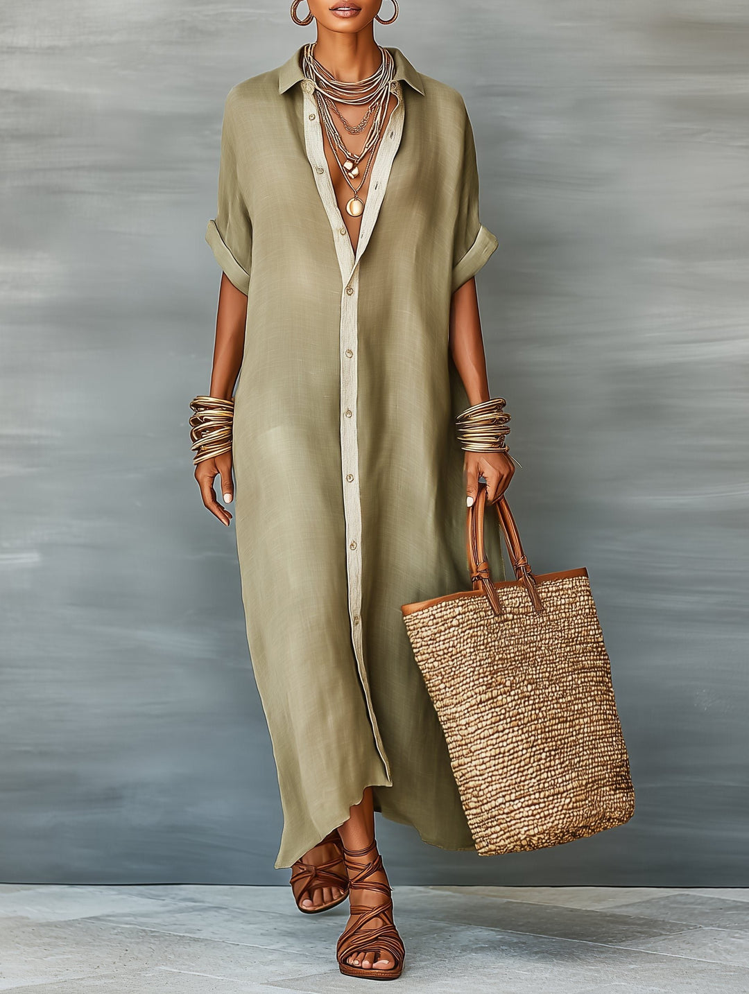 Flowy oversized maxi shirt dress for women, with short sleeves, offering ultimate comfort and style.
