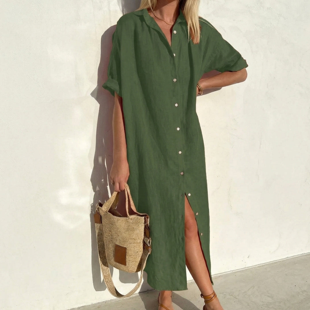 Versatile women's short sleeve midi shirt dress. Ideal casual wear for spring, summer, & relaxed outfits.