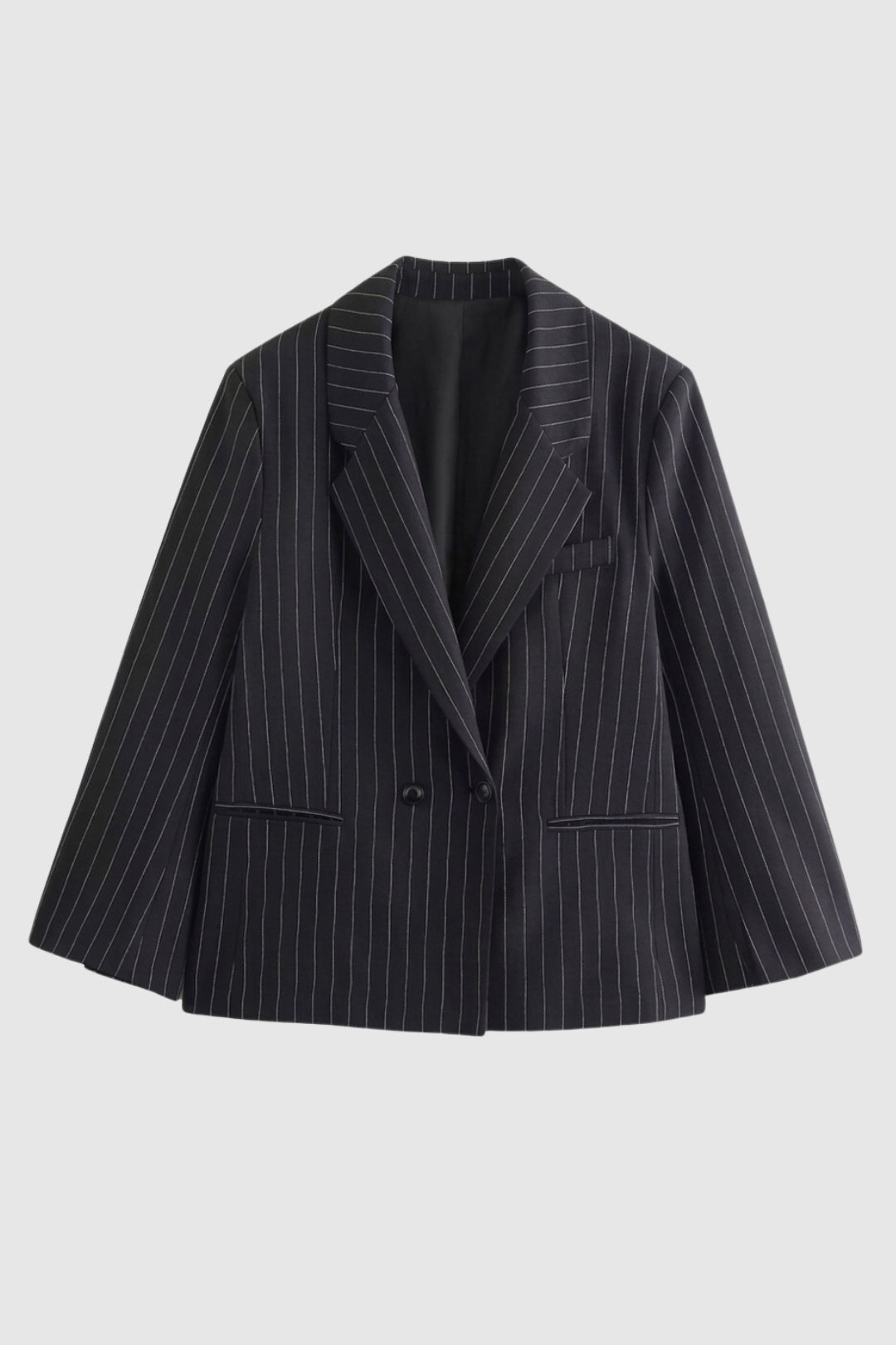Women's oversized pinstripe blazer, elegant double-breasted smart casual jacket, perfect for office wear & fashion.