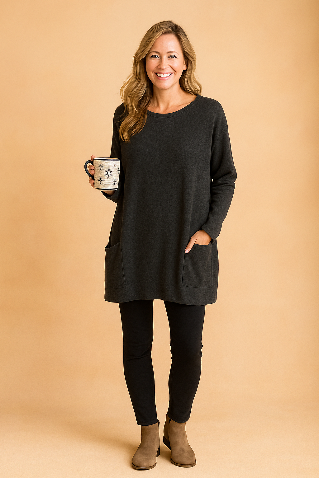 Women's oversized pocket sweater in cozy knit, perfect for casual everyday wear.