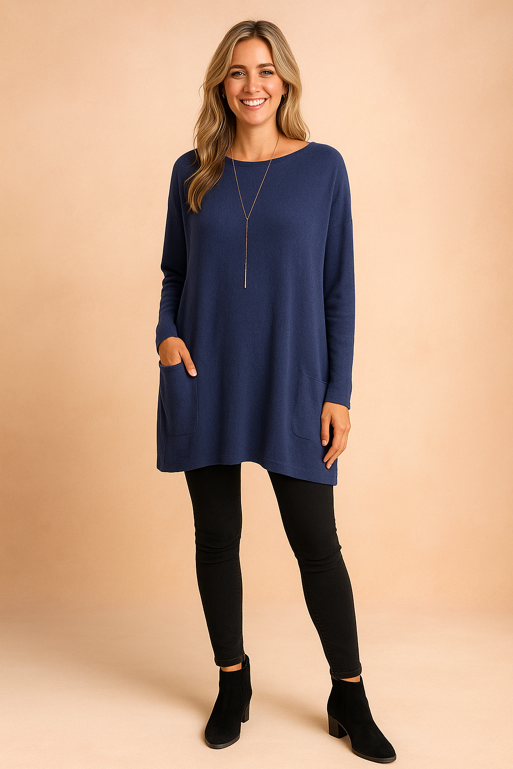 Everyday comfort women's knit sweater in an oversized fit with a convenient pocket.
