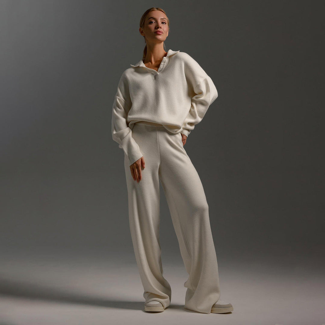 Close-up on the comfy fabric and oversized polo detail of this women's stylish loungewear set with trousers.