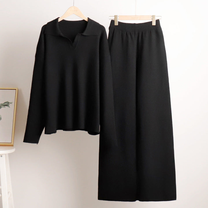 Full view: Women's oversized polo lounge set with wide leg trousers, showcasing a versatile and chic two-piece.