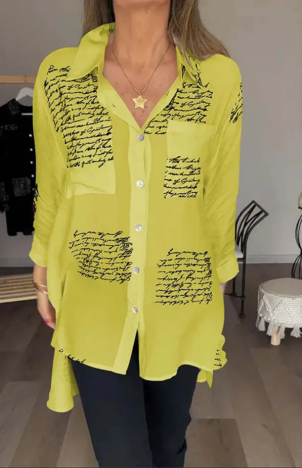 Women's comfortable oversized script print button-up top. A versatile long sleeve shirt for various casual styles.