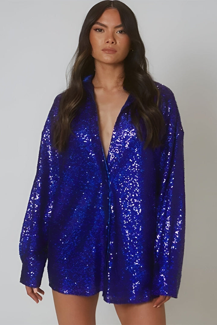 Dazzling women's oversized sequin shirt dress with a full button-front. Long sleeve mini dress for evening fashion.
