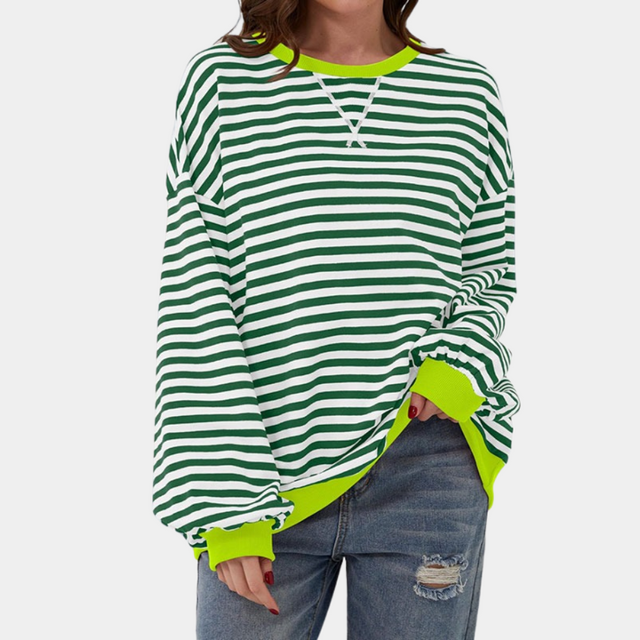 Women's oversized striped long sleeve t-shirt, perfect for casual, comfortable everyday wear. Relaxed fit.