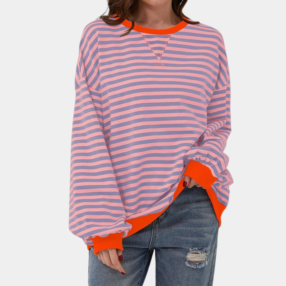 Comfortable women's oversized striped long sleeve top. Versatile, relaxed fit for everyday fashion.