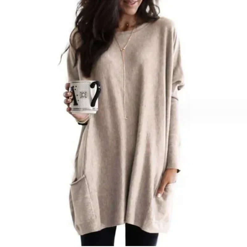 Plus size friendly women's oversized tunic sweater, offering stylish comfort and a relaxed fit.