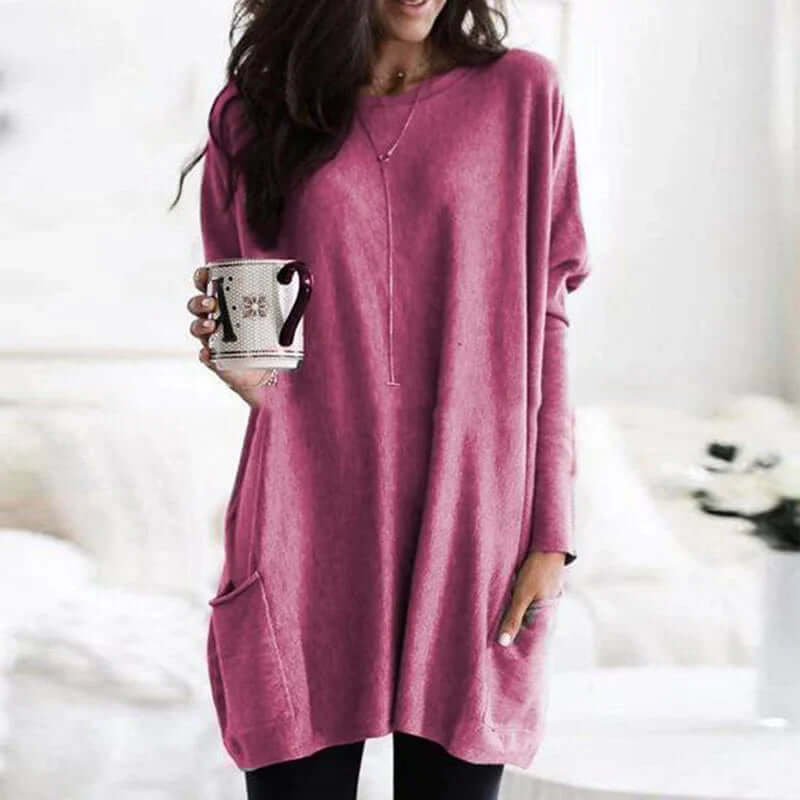 Versatile long sleeve tunic sweater, perfect for casual fall fashion and cozy winter wear.