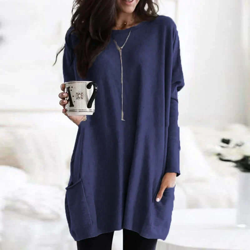 Long sleeve women's sweater, a comfortable oversized tunic for versatile seasonal layering.