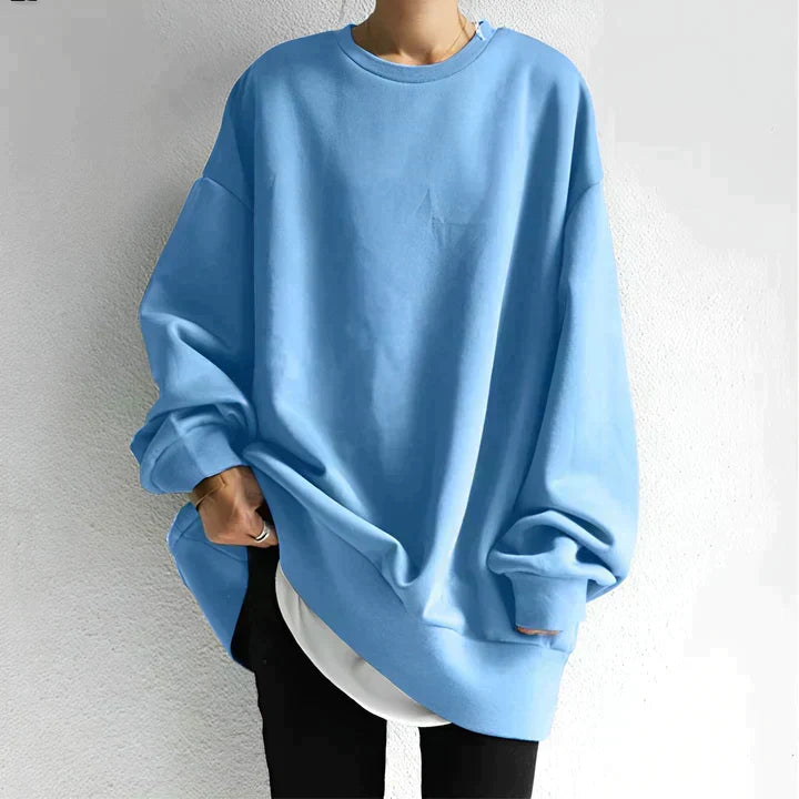 Women's oversized tunic sweater, a cozy long sleeve & crewneck top with a relaxed fit. Great for fall/winter comfort.