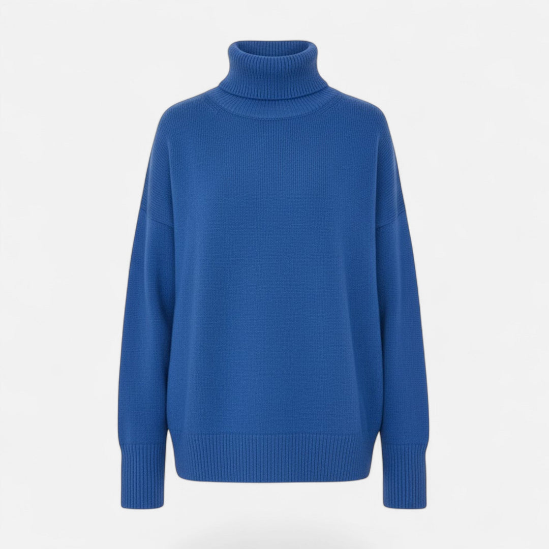 Oversized silhouette of a women's warm winter fashion knit sweater.