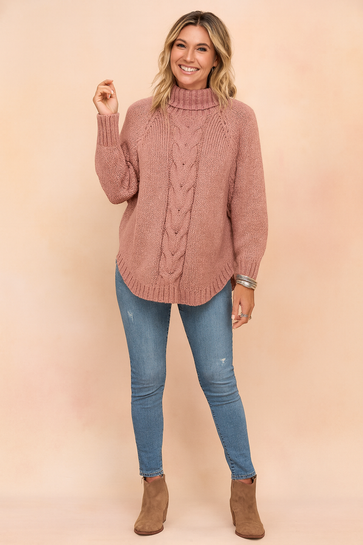 Stylish woman in a cozy oversized turtleneck sweater, ideal for chic casual wear & warmth during fall and winter.