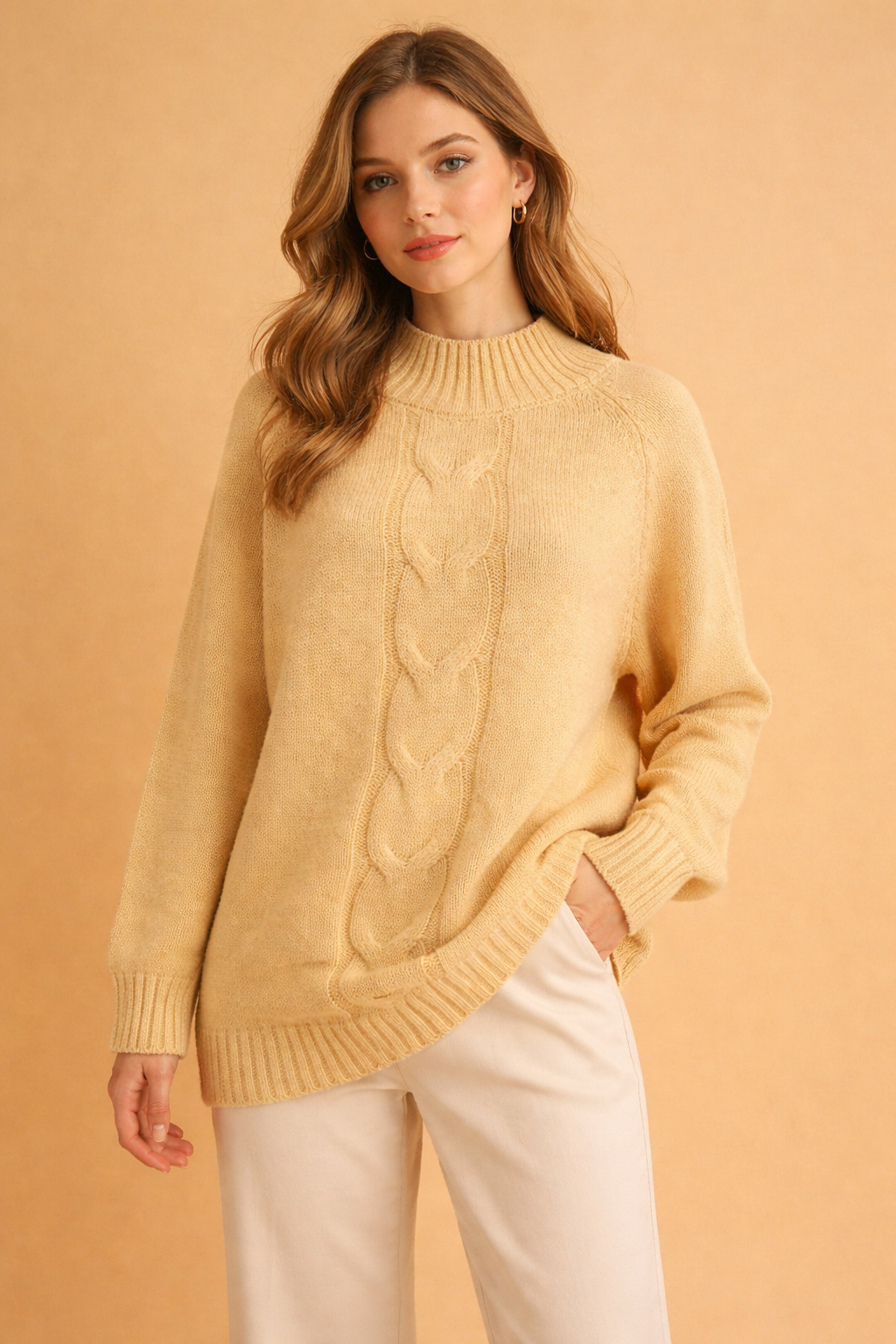 Comfortable long-sleeve oversized turtleneck sweater for women, a warm pullover perfect for fall & winter casual wear.