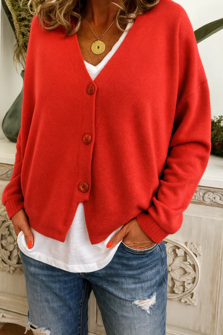 Women's casual chic oversized V-neck cardigan sweater with long sleeves & button front, perfect for cozy layering.