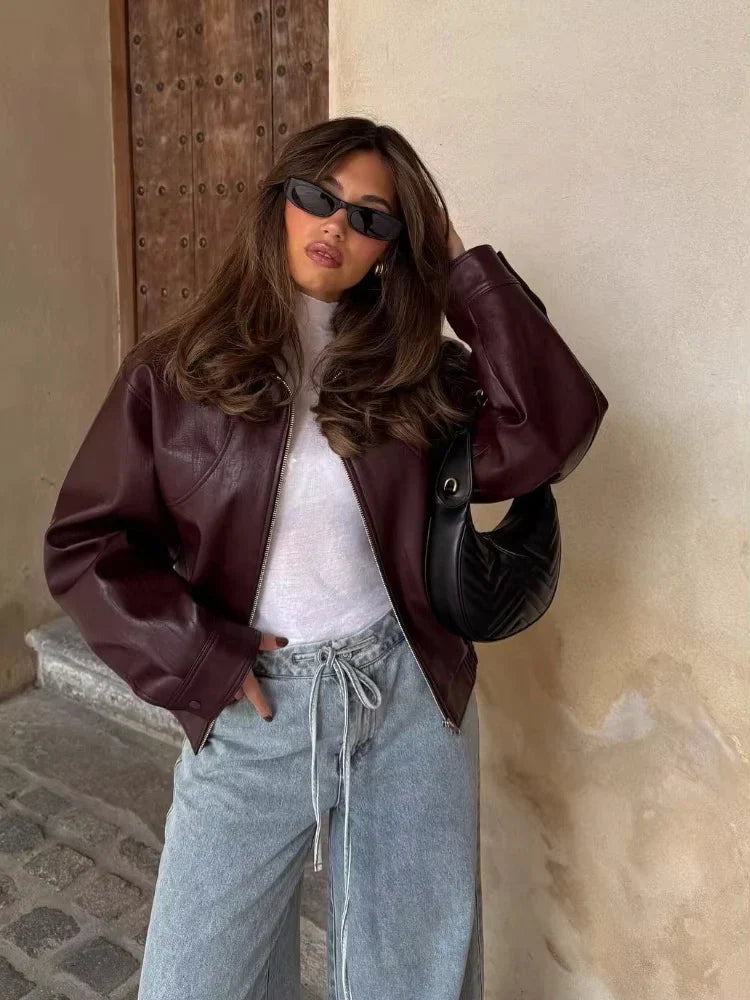 Women's oversized wine red leather jacket, waist-length, edgy style