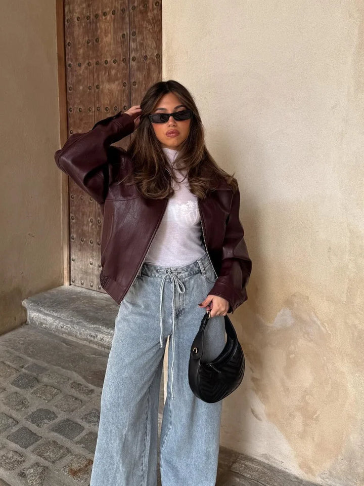 Chic oversized leather jacket for women, perfect for fall and spring fashion