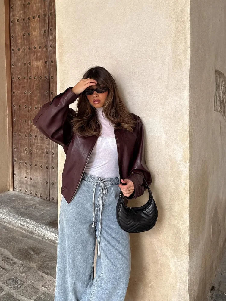 Oversized leather jacket, women's casual wear, statement piece in wine red