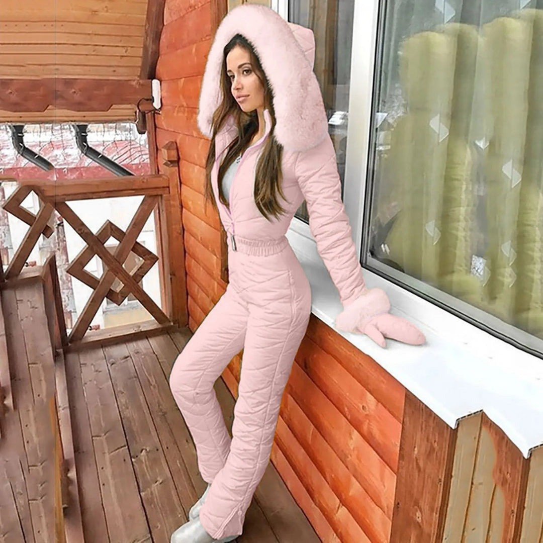 Chic women's padded winter suit, full coverage for stylish outdoor wear & cold weather fashion. Warm jumpsuit.