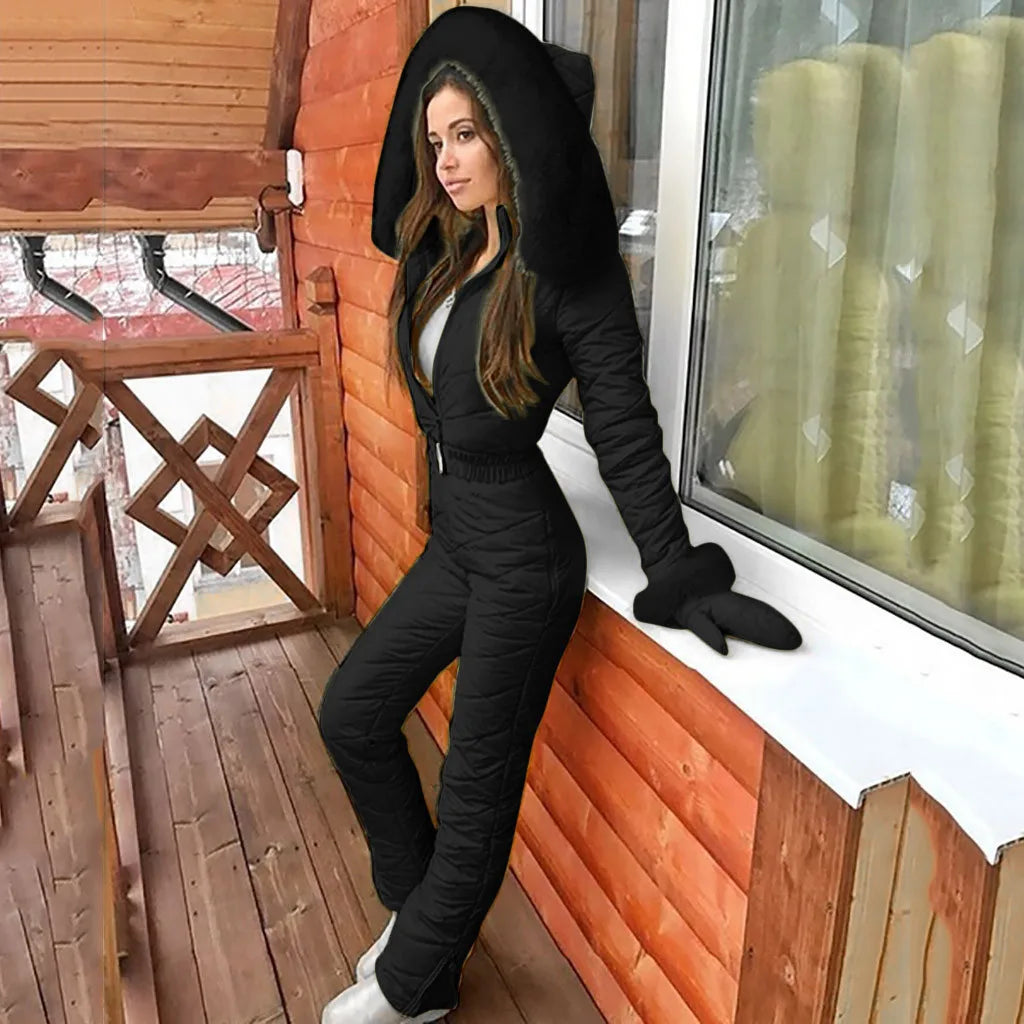 Warm women's padded winter suit, offering cozy comfort, full coverage, and stylish protection in cold weather.
