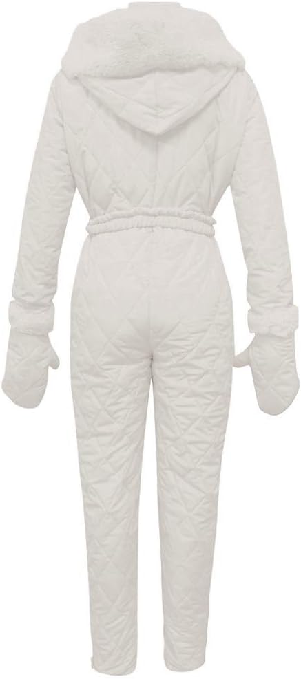 Elegant women's padded winter suit, a warm jumpsuit offering full coverage, cozy comfort, and chic winter style.