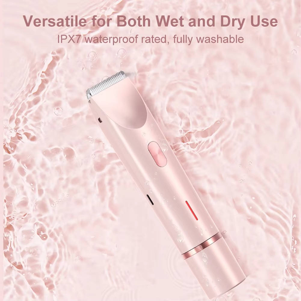 Sleek women's cordless pubic trimmer with ceramic blades for painless, smooth, irritation-free body grooming.