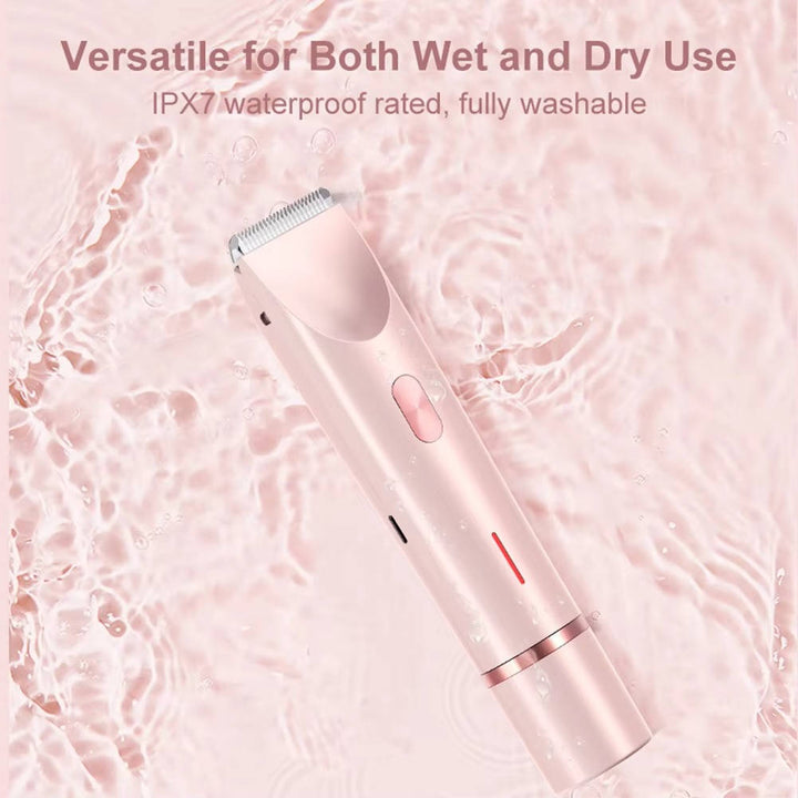 Sleek women's cordless pubic trimmer with ceramic blades for painless, smooth, irritation-free body grooming.